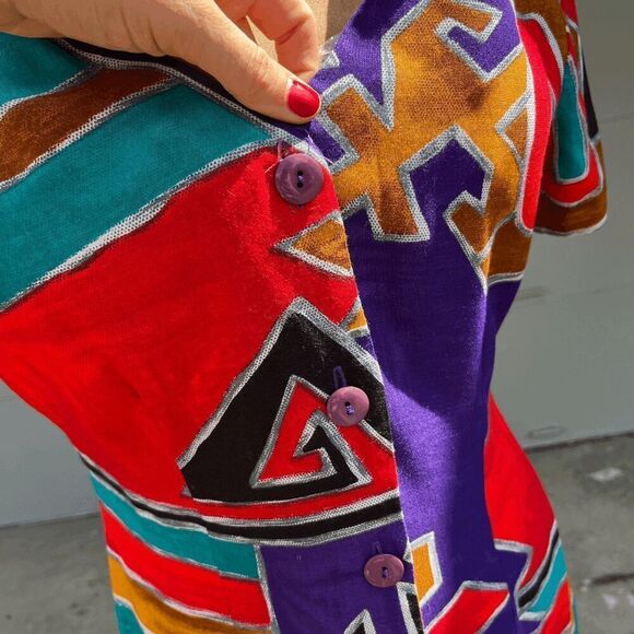 Vintage 80s Dawn Joy Abstract Print Midi Dress - Vibrant Rayon Statement Piece - Picture 6 of 8